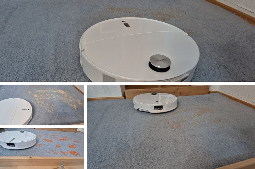 Roborock Qrevo Curv 2 Pro nach dem Saugtest auf Teppich, saubere Fläche sichtbar